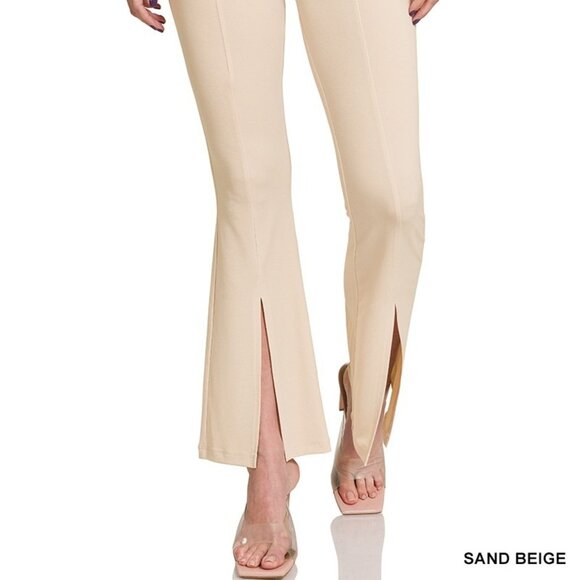 ZENANA PREMIUM SLACKS BEIGE ITY HIGH RISE FRONT SLIT ELASTIC BAND PANTS SMALL - Picture 3 of 6